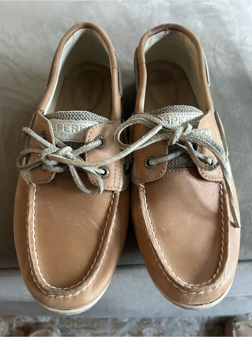 Sperry Chestnut Leather 2-Eye Boat Shoes with Gray Laces